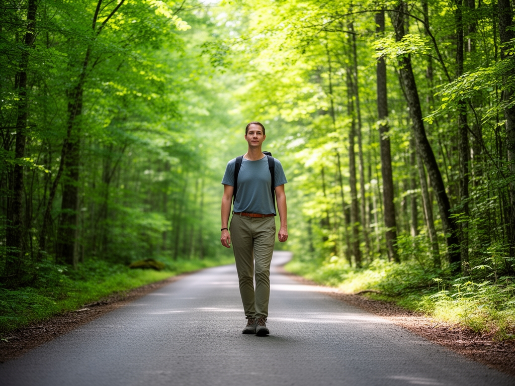 Person som promenerar längs en skogsväg omgiven av gröna träd och dagsljus, iklädd vardagskläder i en avslappnad och harmonisk miljö