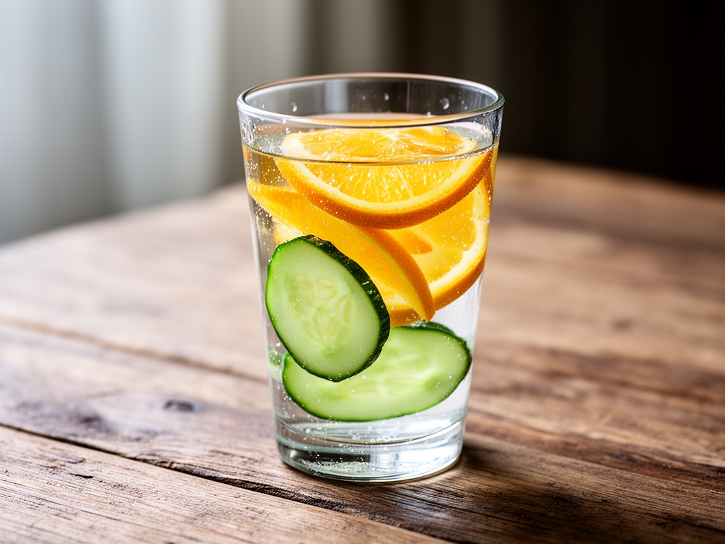 Kristallklart glas med vatten och skivor av citrus och gurka på ett träbord, symboliserande hydrering och naturlig friskhets estetik